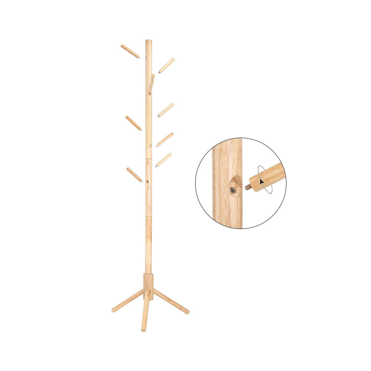 Kapstok van Massief Rubberhout – Vrijstaand – 8 Haken – Verstelbare Hoogte – 47 x 47 x 175 cm – Naturel