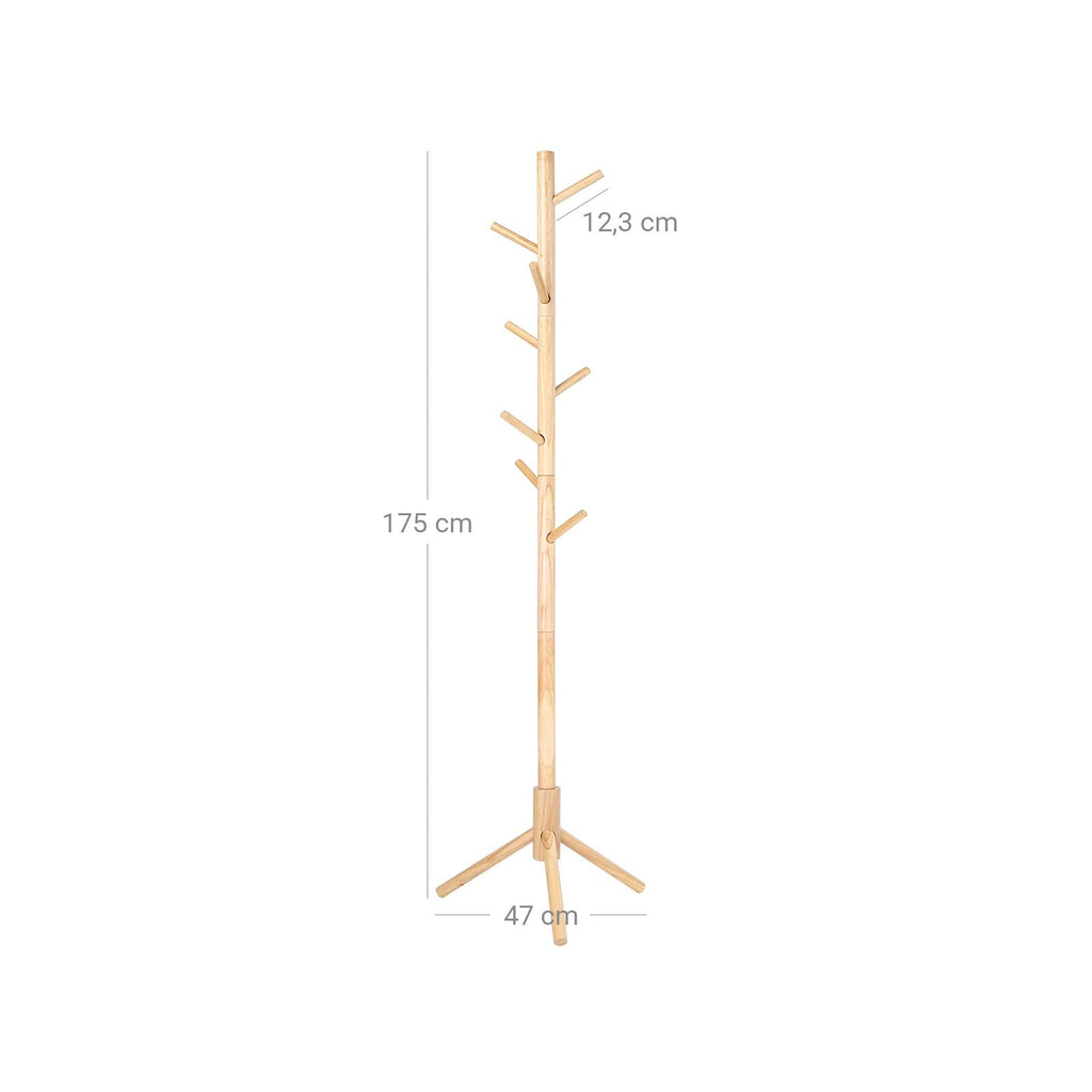 Kapstok van Massief Rubberhout – Vrijstaand – 8 Haken – Verstelbare Hoogte – 47 x 47 x 175 cm – Naturel