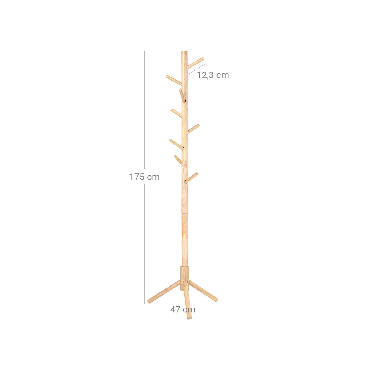Kapstok van Massief Rubberhout – Vrijstaand – 8 Haken – Verstelbare Hoogte – 47 x 47 x 175 cm – Naturel