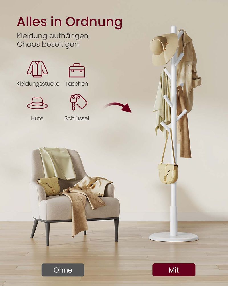 Kapstok – Massief Hout – Vrijstaand – 3 Verstelbare Hoogtes – Ronde Voet – Draagkracht 40 kg