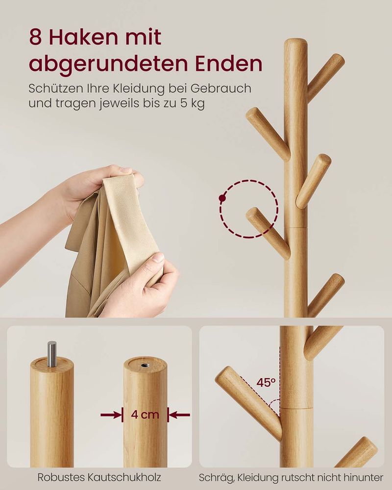 Kapstok – Massief Hout – Vrijstaand – 3 Verstelbare Hoogtes – Ronde Voet – Draagkracht 40 kg