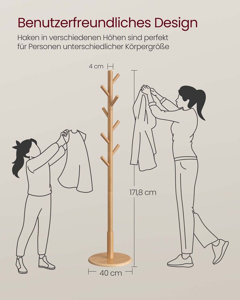 Kapstok – Massief Hout – Vrijstaand – 3 Verstelbare Hoogtes – Ronde Voet – Draagkracht 40 kg