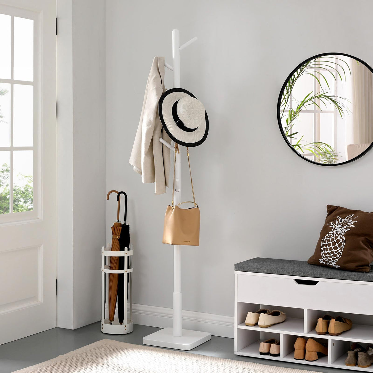 Vrijstaande Kapstok – Modern Design – 8 Haken – Massief Rubberhout – 30 x 30 x 175 cm – Wit