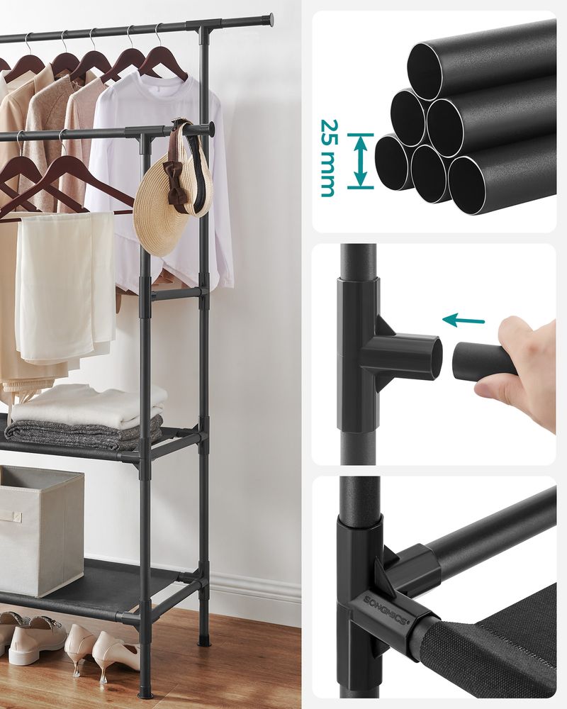 Dubbele Kledingstandaard met Planken – Lichtgewicht Garderobe van Metaal en Vliesstof