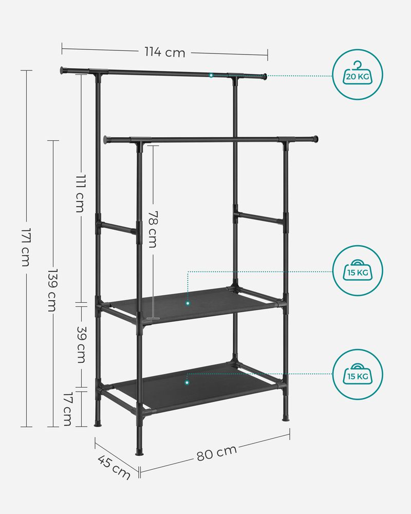Dubbele Kledingstandaard met Planken – Lichtgewicht Garderobe van Metaal en Vliesstof