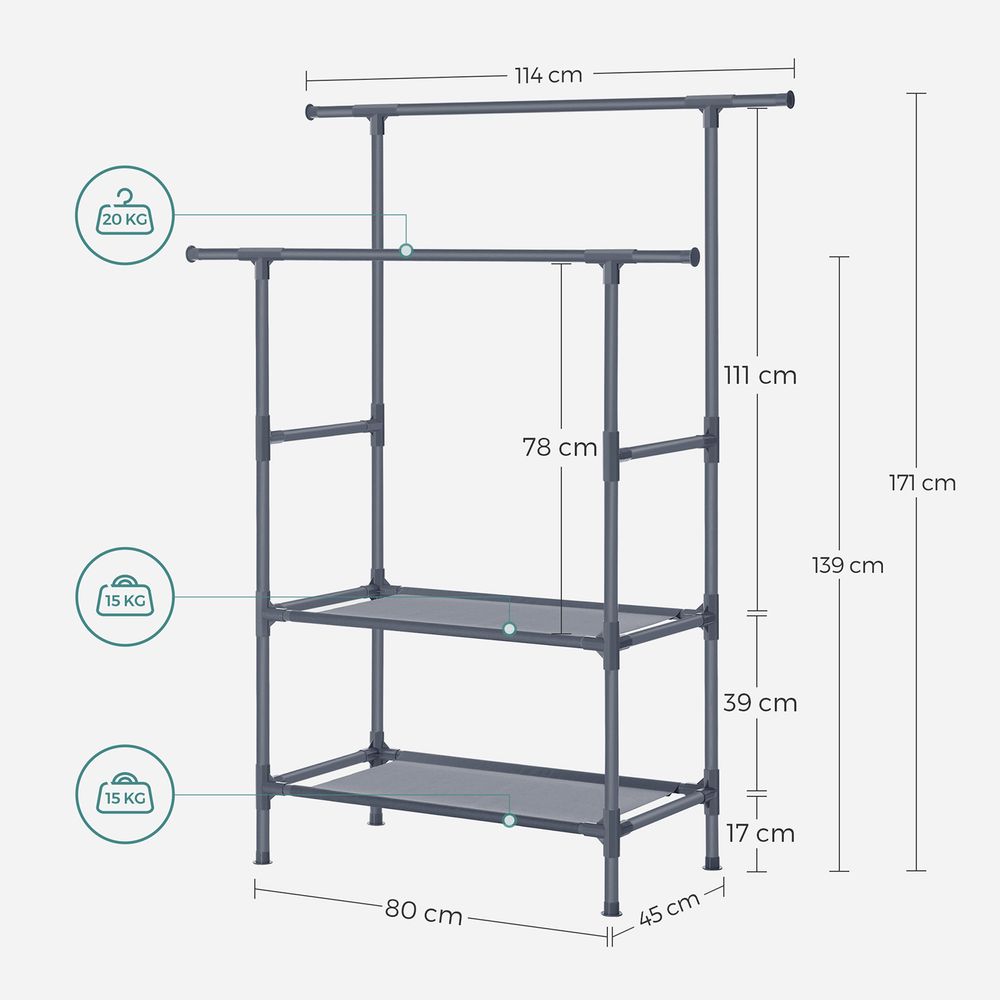 Dubbele Kledingstandaard met Planken – Lichtgewicht Garderobe van Metaal en Vliesstof