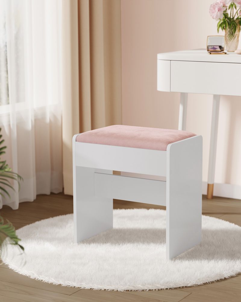 Make-up Kruk – Velvet Zitting – Draagkracht 120 kg – Witte Houten Poef met Roze Bekleding