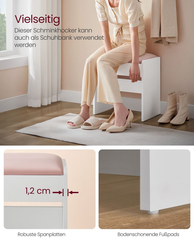 Make-up Kruk – Velvet Zitting – Draagkracht 120 kg – Witte Houten Poef met Roze Bekleding