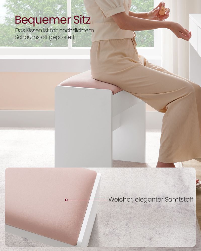 Make-up Kruk – Velvet Zitting – Draagkracht 120 kg – Witte Houten Poef met Roze Bekleding