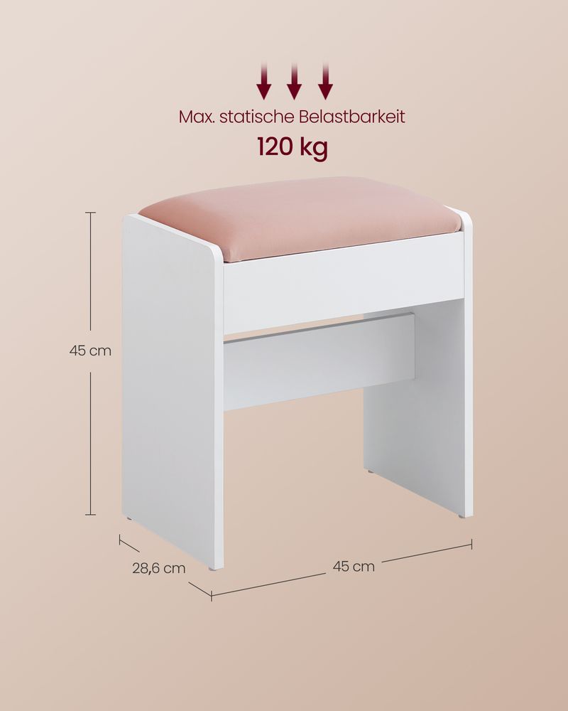 Make-up Kruk – Velvet Zitting – Draagkracht 120 kg – Witte Houten Poef met Roze Bekleding