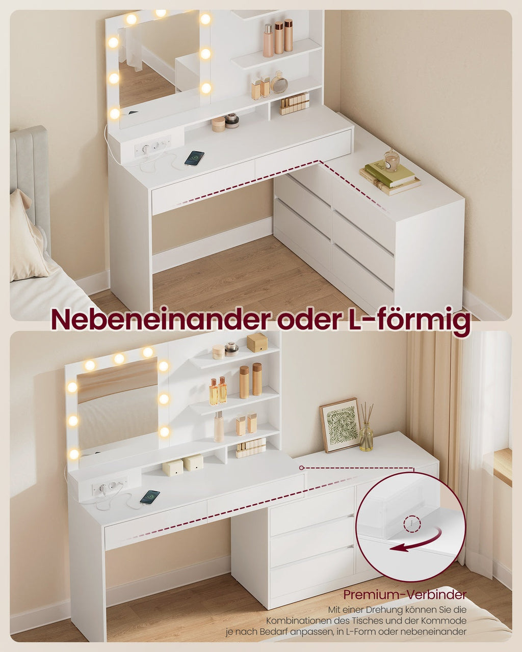 Kaptafel - Kailyn Collectie - LED Verlichting - Stopcontact - 9 Lades