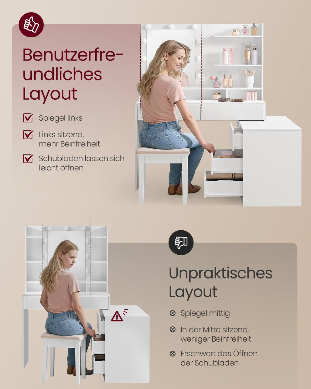 Kaptafel - Kailyn Collectie - LED Verlichting - Stopcontact - 9 Lades