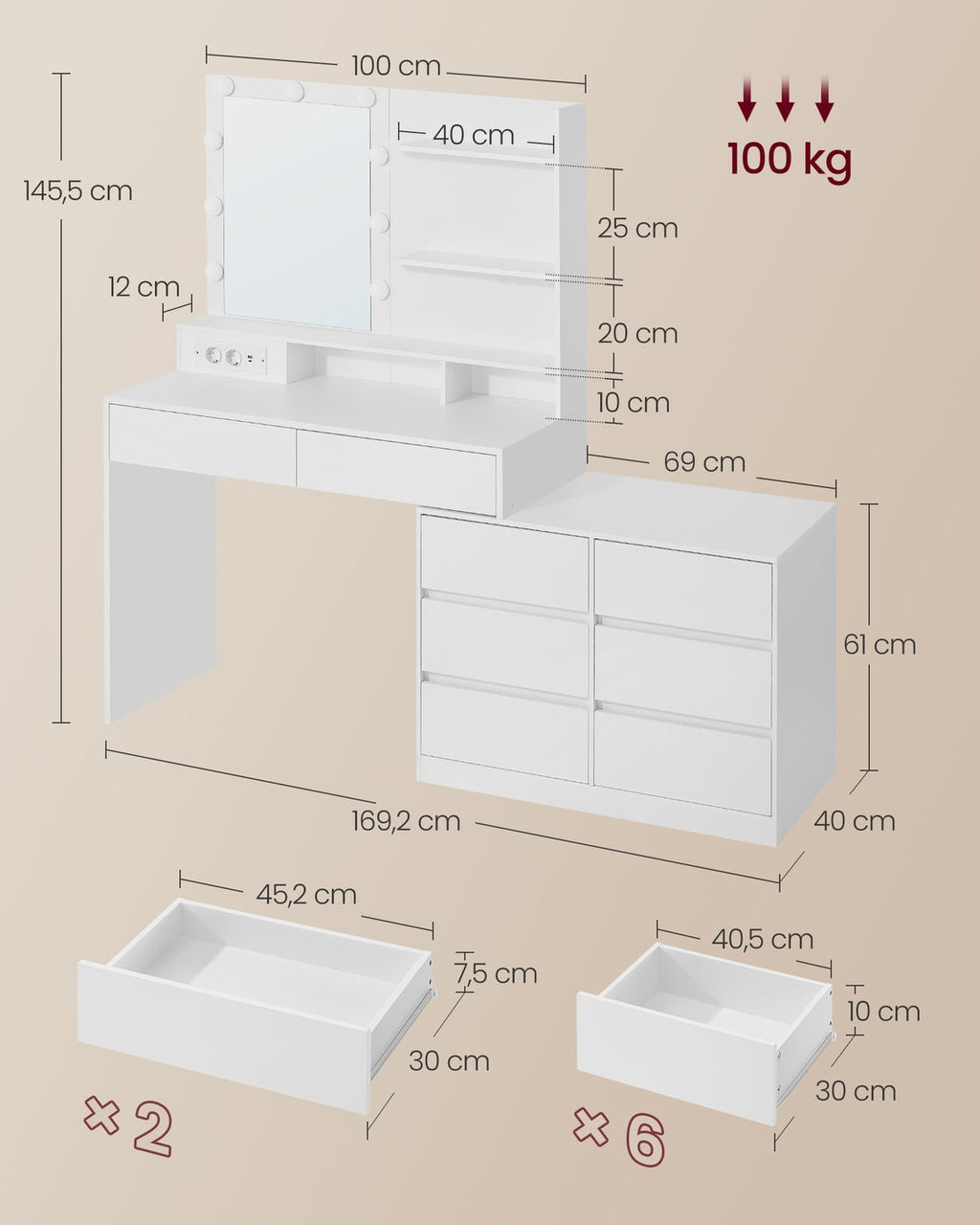 Kaptafel - Kailyn Collectie - LED Verlichting - Stopcontact - 9 Lades