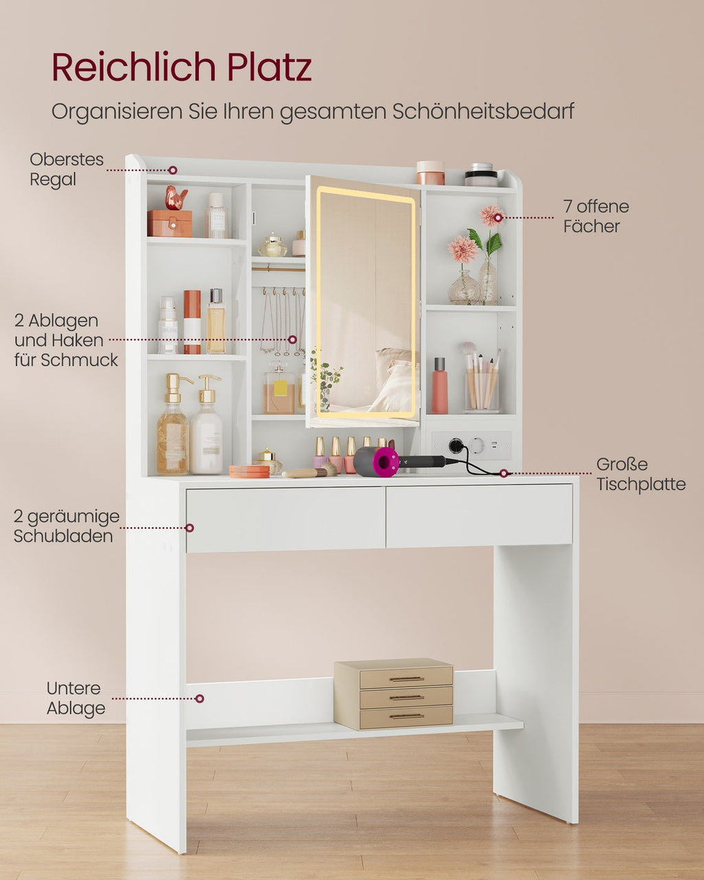 Compacte Kaptafel Met Dimbare LED-Spiegel - 2 Lades - Ruimtebesparend Design