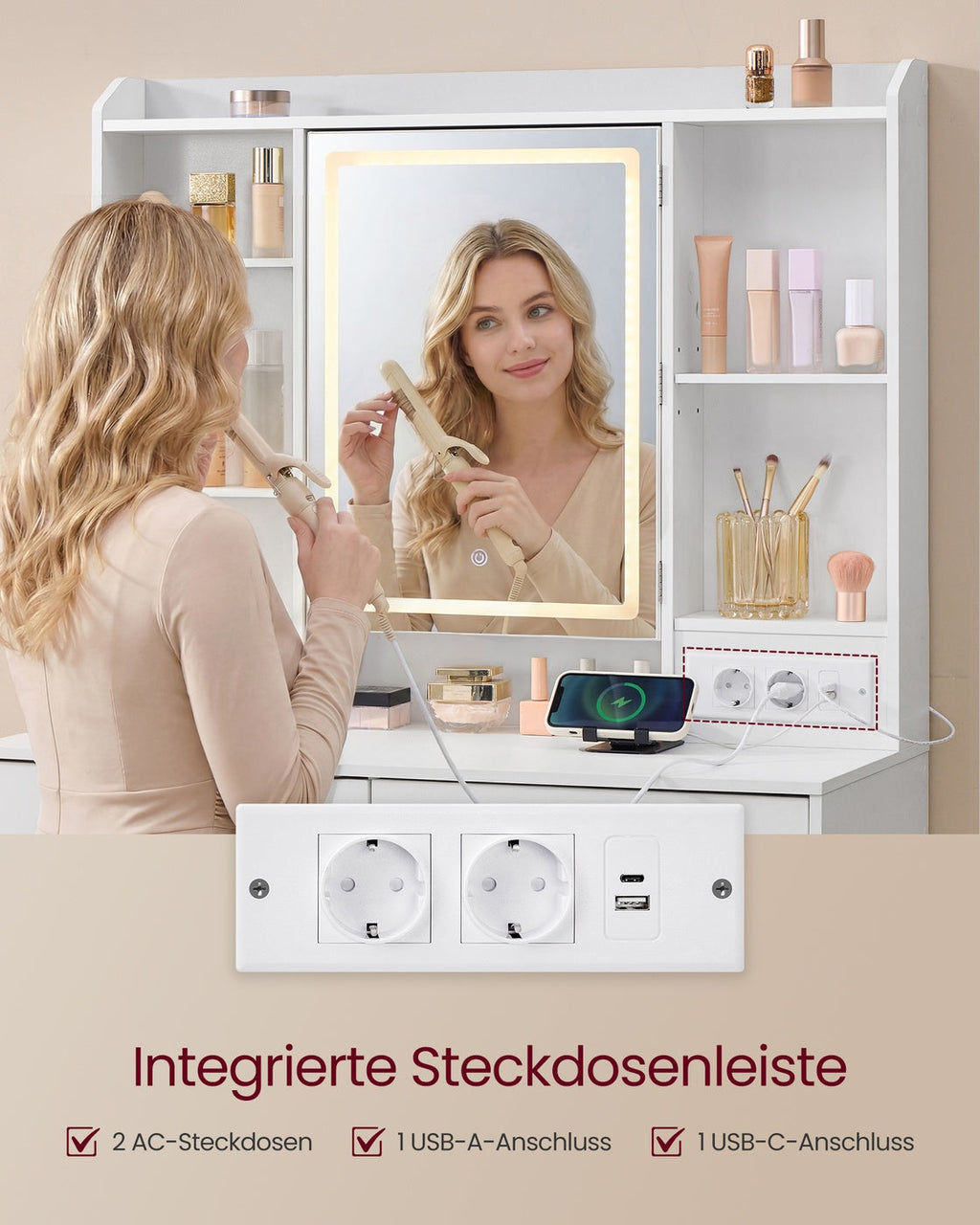 Compacte Kaptafel Met Dimbare LED-Spiegel - 2 Lades - Ruimtebesparend Design