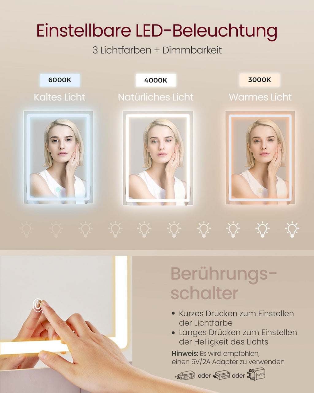 Compacte Kaptafel Met Dimbare LED-Spiegel - 2 Lades - Ruimtebesparend Design