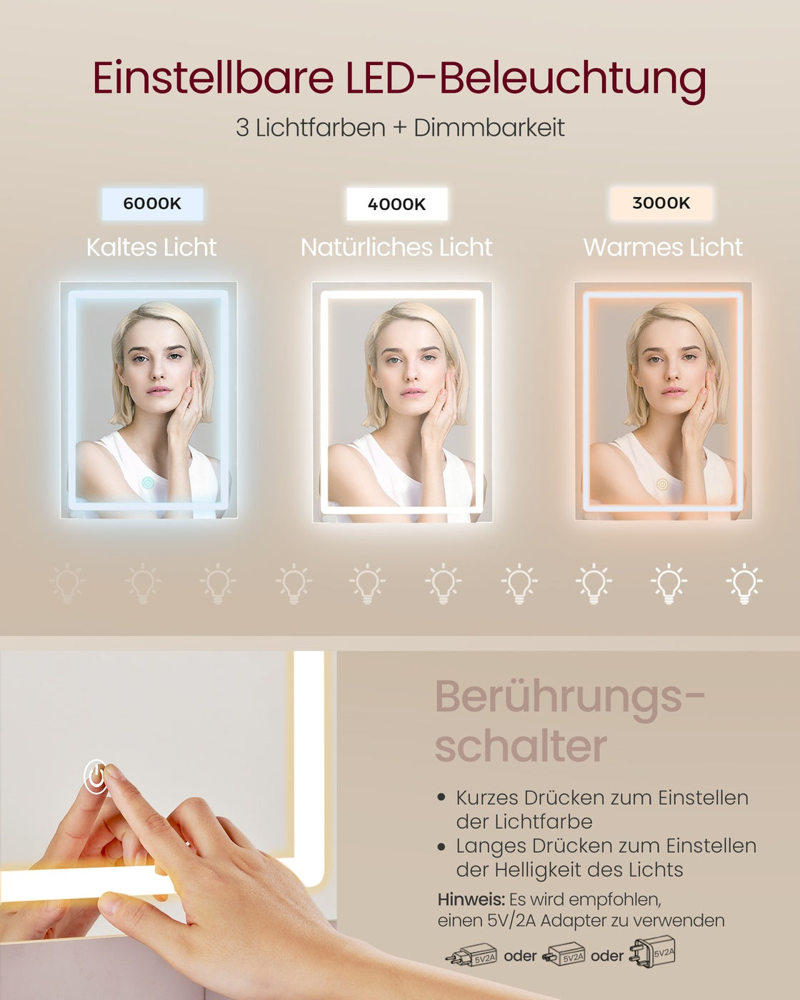 Compacte Kaptafel Met Dimbare LED-Spiegel - 2 Lades - Ruimtebesparend Design