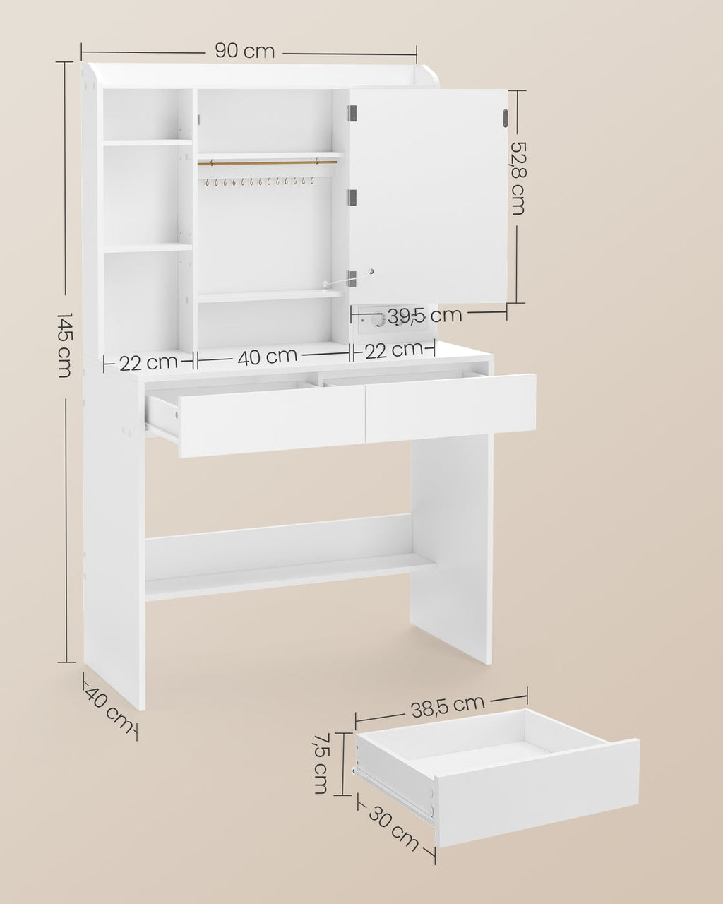 Compacte Kaptafel Met Dimbare LED-Spiegel - 2 Lades - Ruimtebesparend Design