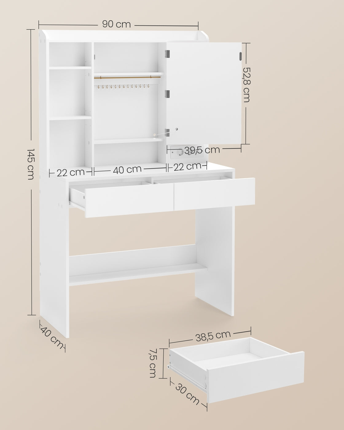 Compacte Kaptafel Met Dimbare LED-Spiegel - 2 Lades - Ruimtebesparend Design