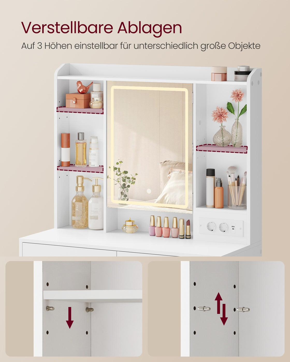 Compacte Kaptafel Met Dimbare LED-Spiegel - 2 Lades - Ruimtebesparend Design