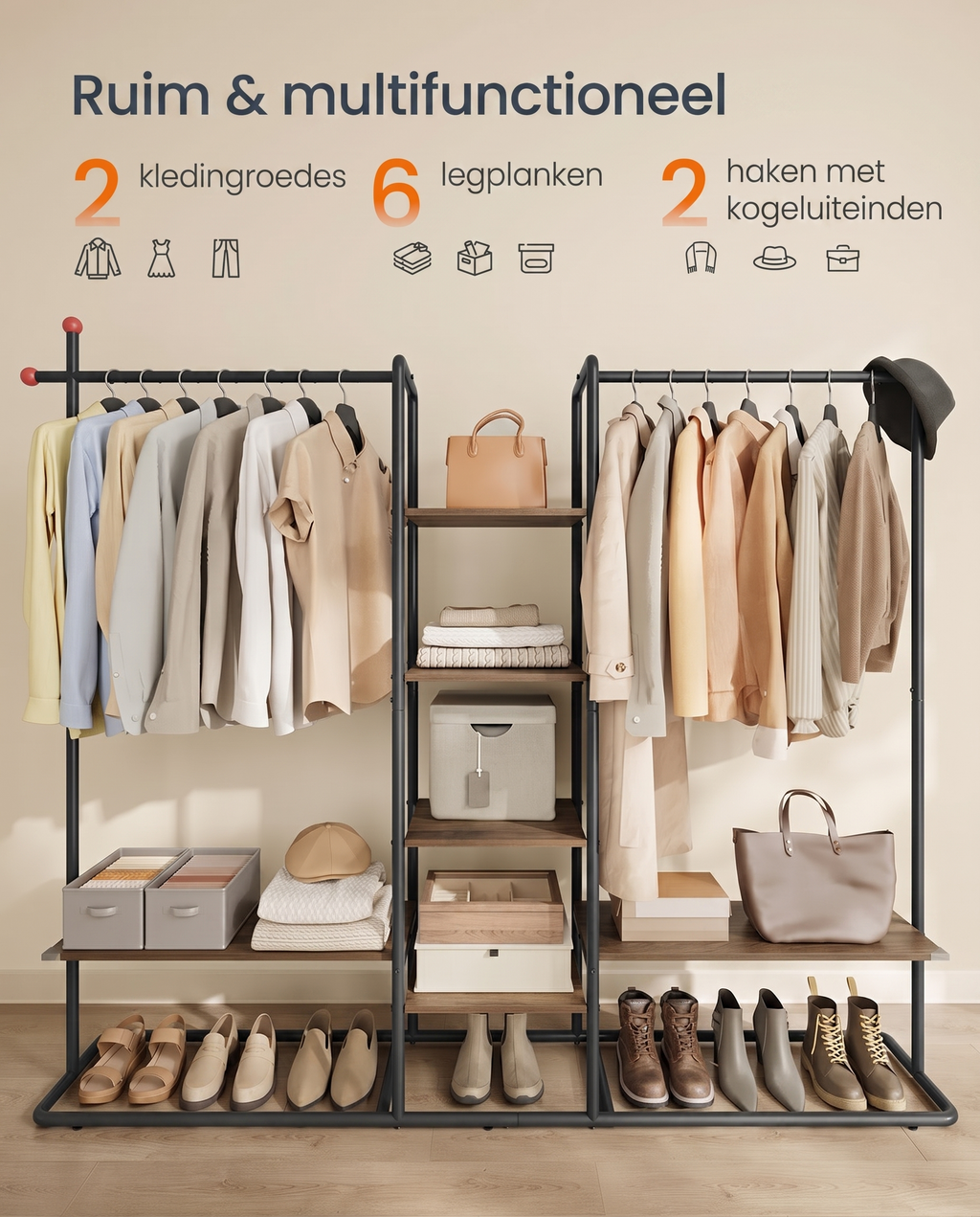 Open Kledingrek met Kapstokhaken – Industrieel Kledingrek met Legplanken – 2 Hangroedes – Tot 136 kg draagkracht
