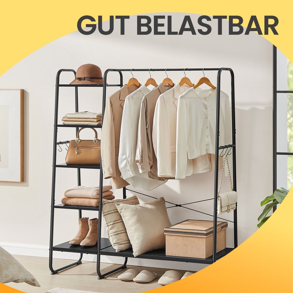 Kledingrek Alles-in-één – Kledingstang + 5 Planken + 6 Haken – tot 220 kg – Garderoberek voor Slaapkamer & Hal