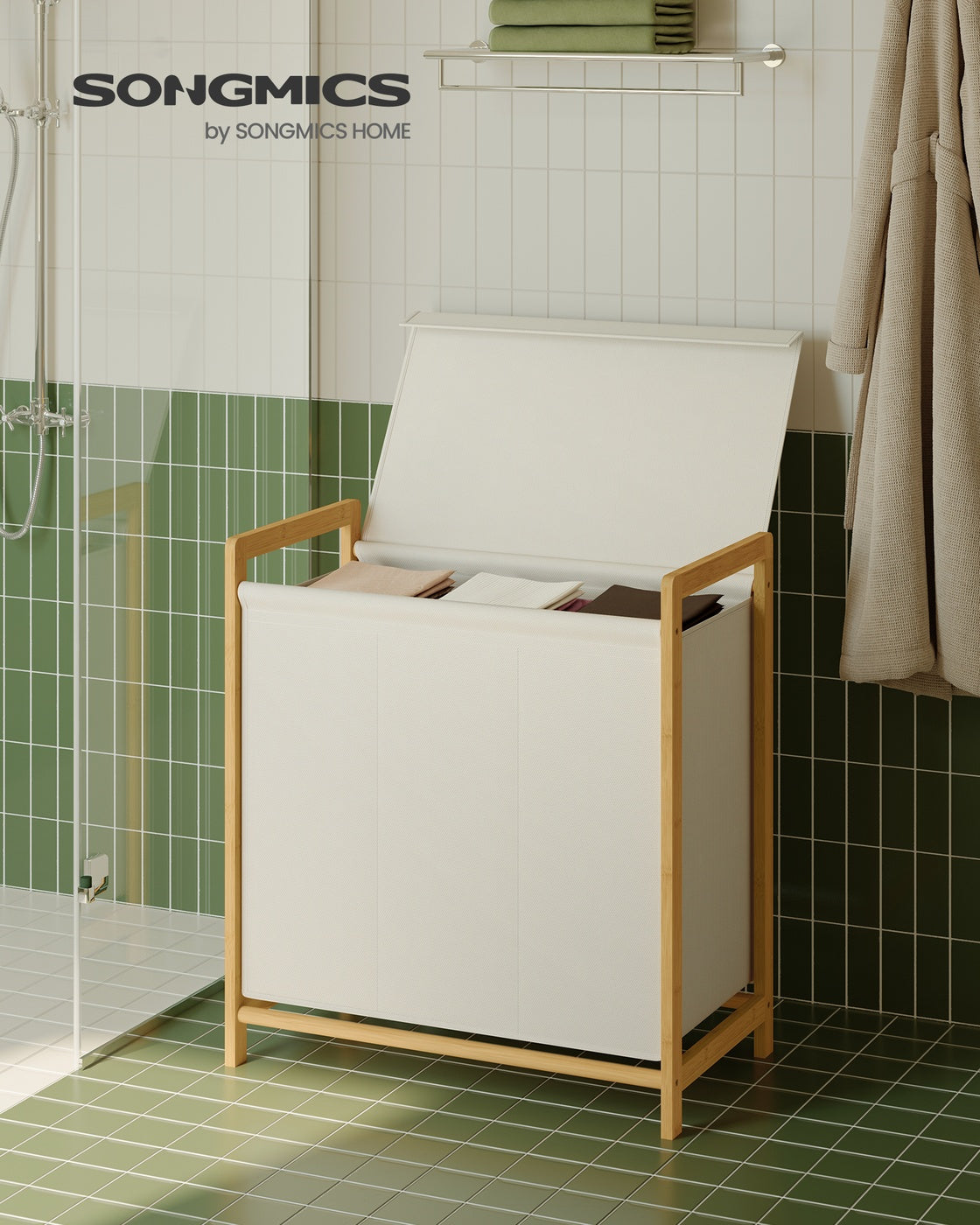 Wasmand Met Bamboeframe En Twee Vakken - 65 cm Breed - Voor Groter Huishouden