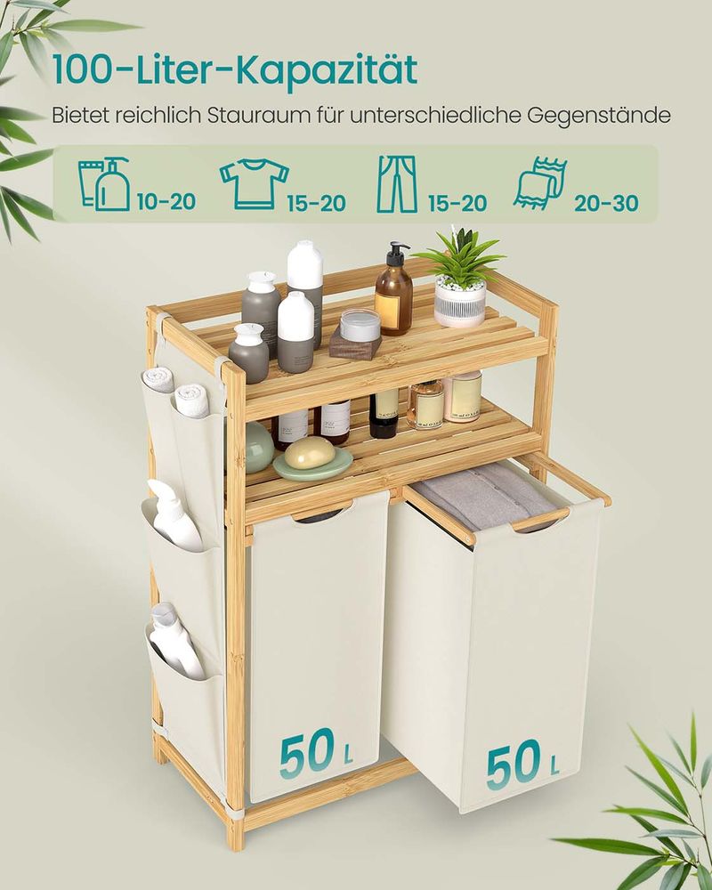 Bamboe Wasmand met 2 Vakken – Met Planken en Zijvakken – 100/150 Liter