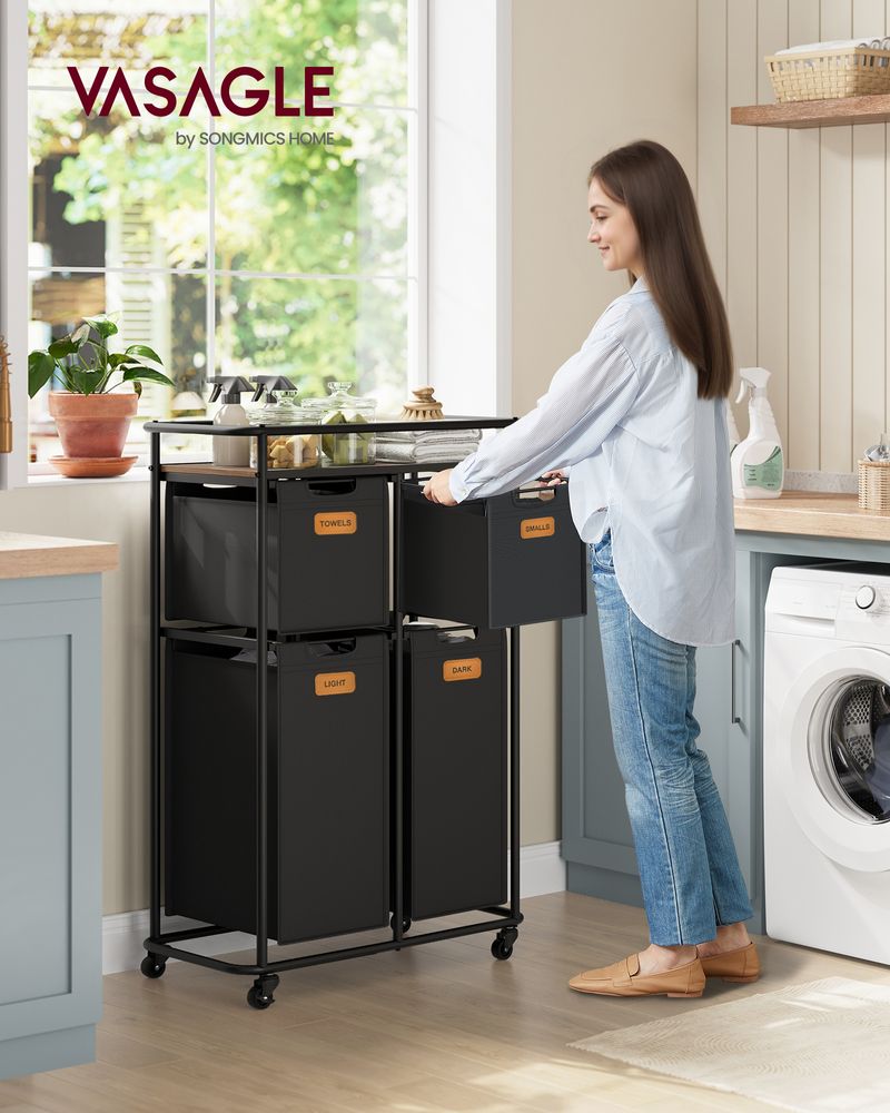 Wassorteerder met 4 Mandjes en Wielen – Waswagen met Labels en Bovenplank – 150 Liter – 72 cm Breed – Tot 39 kg Draagvermogen