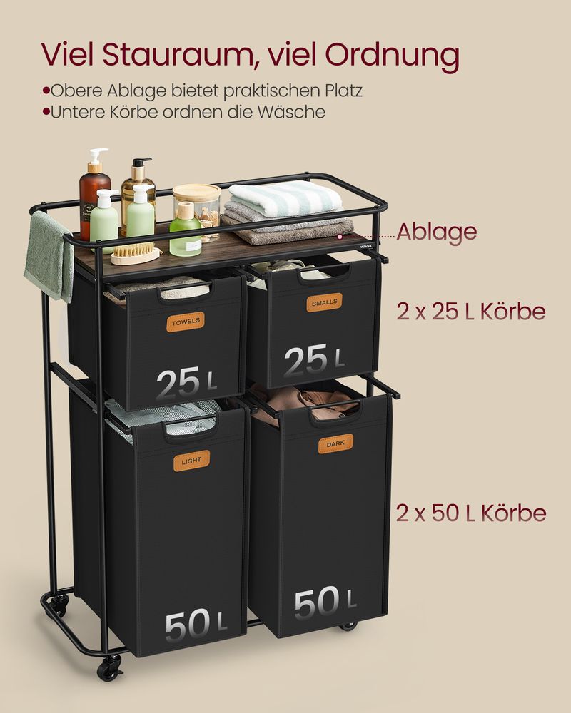 Wassorteerder met 4 Mandjes en Wielen – Waswagen met Labels en Bovenplank – 150 Liter – 72 cm Breed – Tot 39 kg Draagvermogen