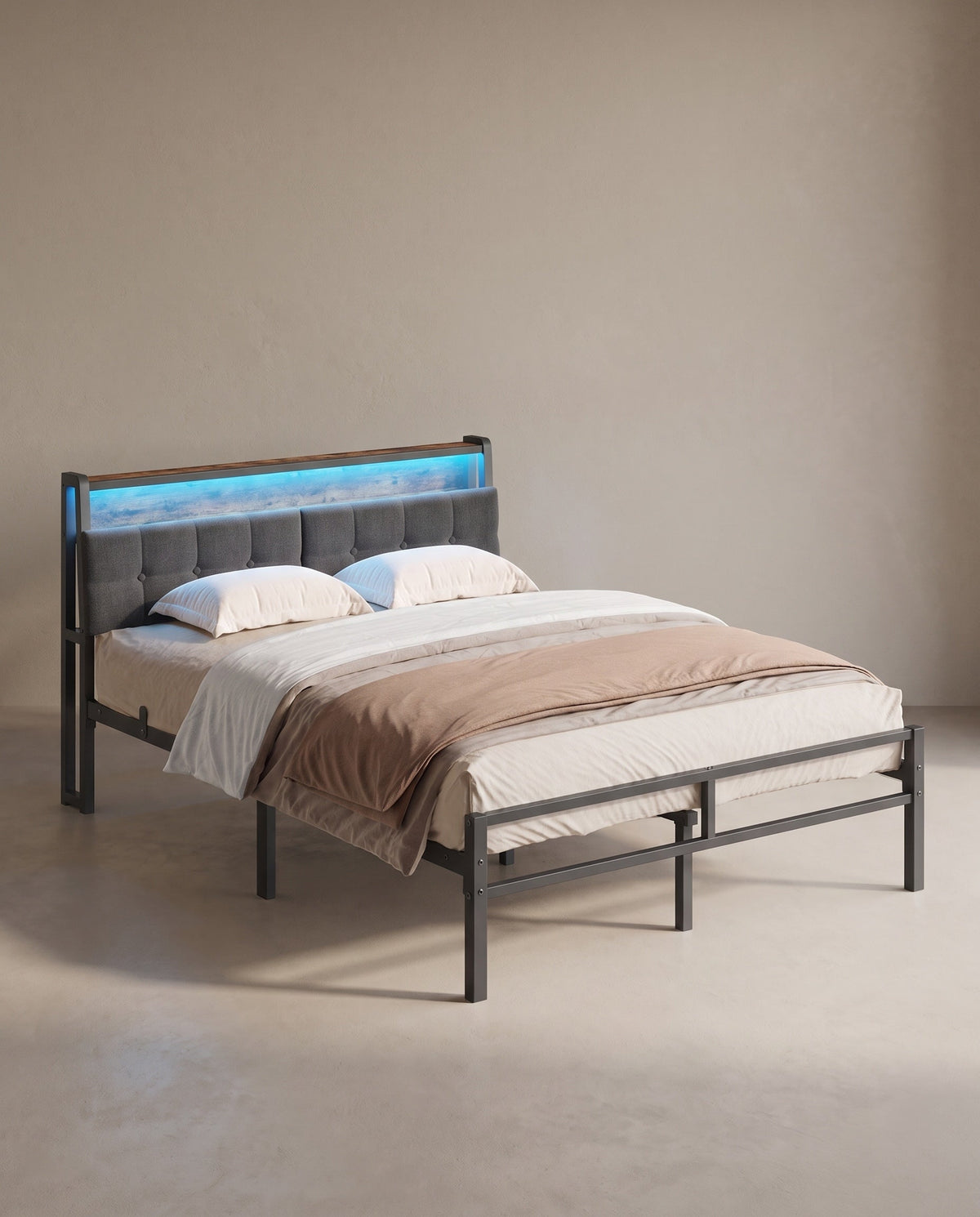 Metalen Bedframe Met Gestoffeerd Hoofdbord - LED-Verlichting En Laadstation - Met Opbergruimte