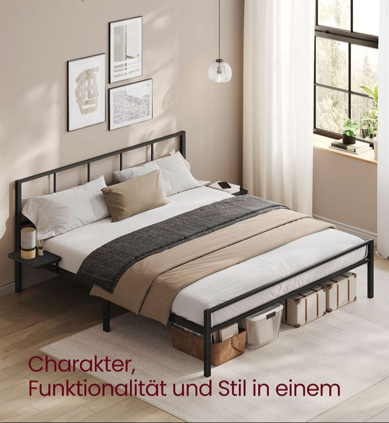 Metalen Bedframe 160x200 cm – Matzwart – Met 2 Opbergplanken – Tot 450 kg Draagvermogen