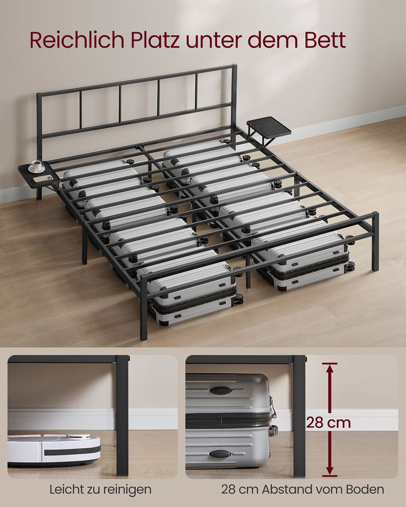 Metalen Bedframe 160x200 cm – Matzwart – Met 2 Opbergplanken – Tot 450 kg Draagvermogen