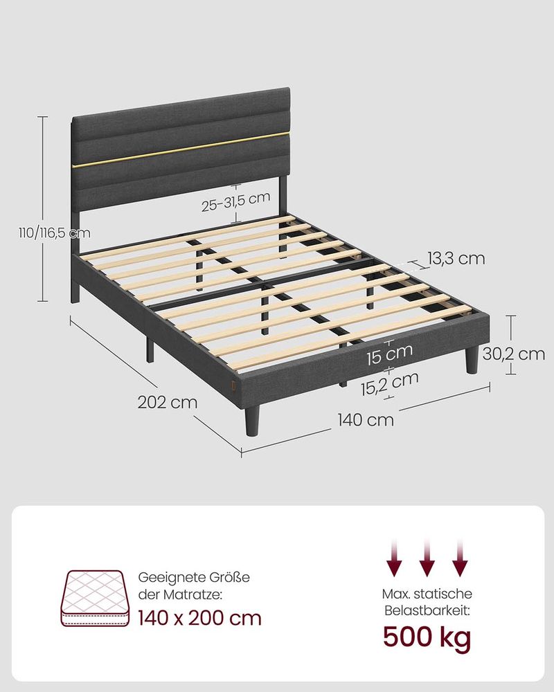 Gestoffeerd Bedframe – Leigrijs – In Hoogte Verstelbaar Hoofdbord – Robuuste Constructie