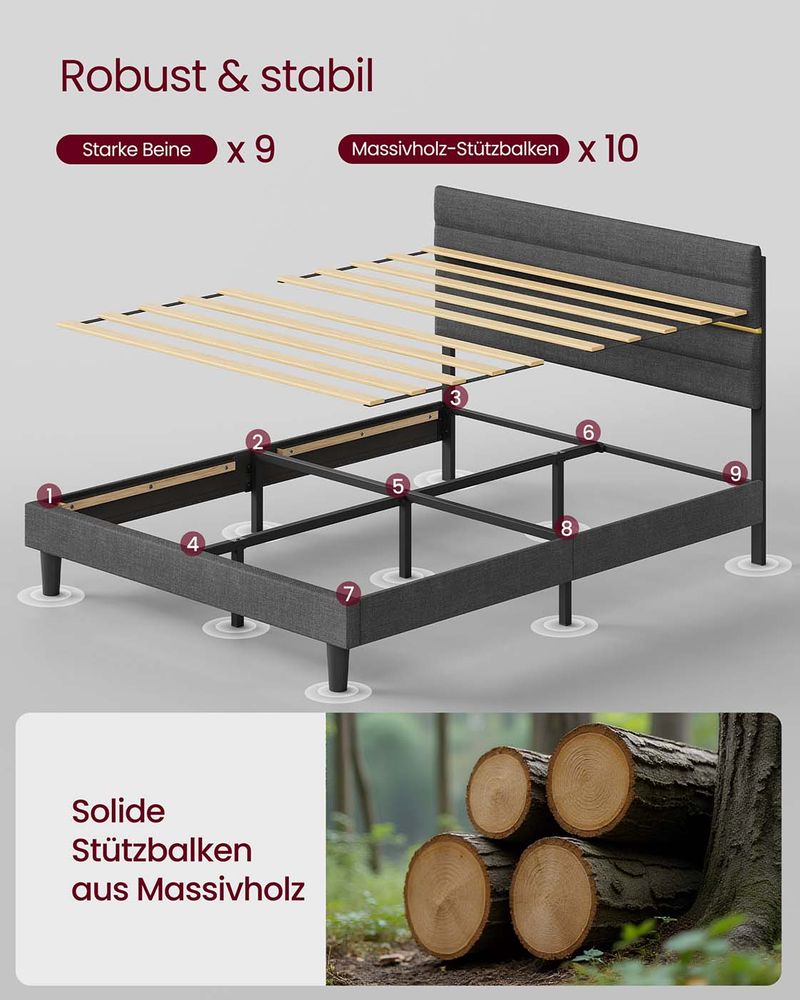 Gestoffeerd Bedframe – Leigrijs – In Hoogte Verstelbaar Hoofdbord – Robuuste Constructie