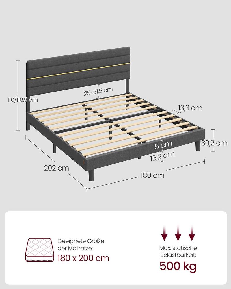 Gestoffeerd Bedframe – Leigrijs – In Hoogte Verstelbaar Hoofdbord – Robuuste Constructie