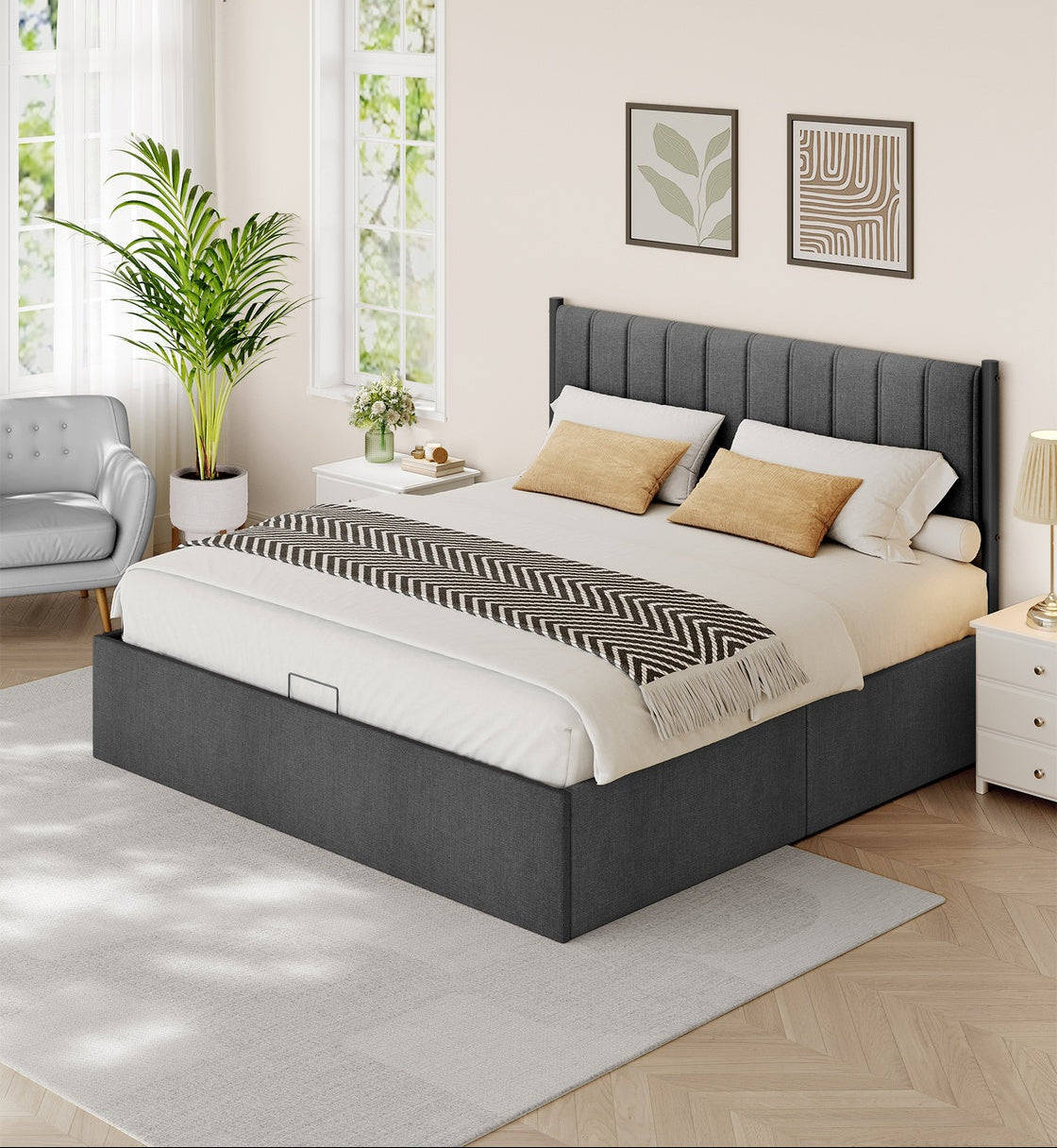 Tweepersoons Bedframe Met Onderbedopslag - Gestoffeerd Hoofdeinde - Belastbaar Tot 500 Kg