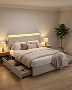 Luxe LED Boxspring Met USB-A & USB-C – Opbergladen – Verstelbaar Hoofdbord – Cappuccinobeige – Stabiel En Functioneel Design