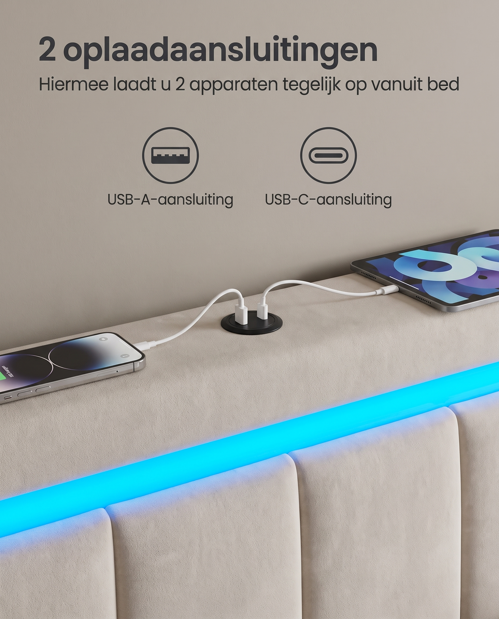 Luxe LED Boxspring Met USB-A & USB-C – Opbergladen – Verstelbaar Hoofdbord – Cappuccinobeige – Stabiel En Functioneel Design