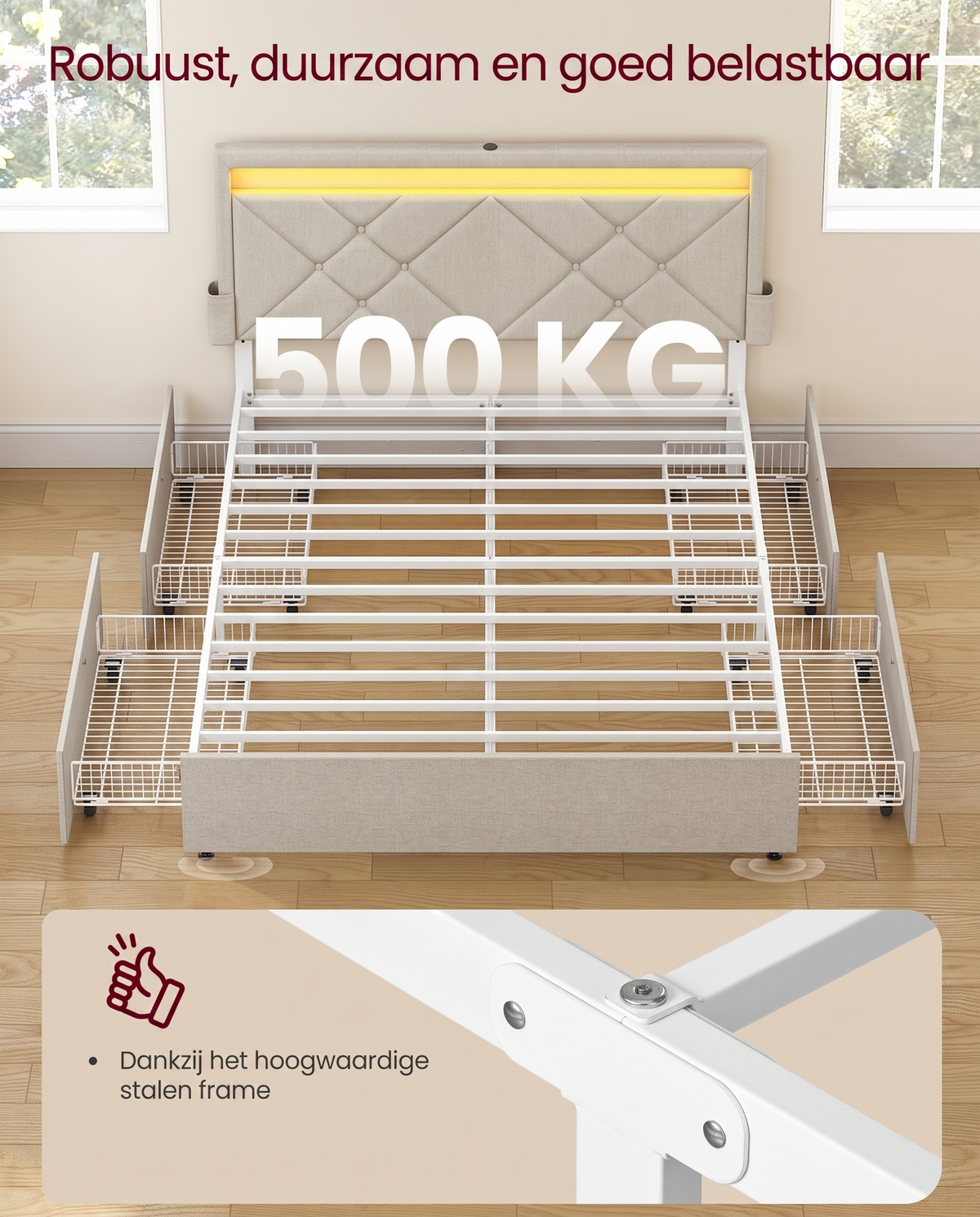 Luxe LED Boxspring Met USB-A & USB-C – Opbergladen – Verstelbaar Hoofdbord – Cappuccinobeige – Stabiel En Functioneel Design