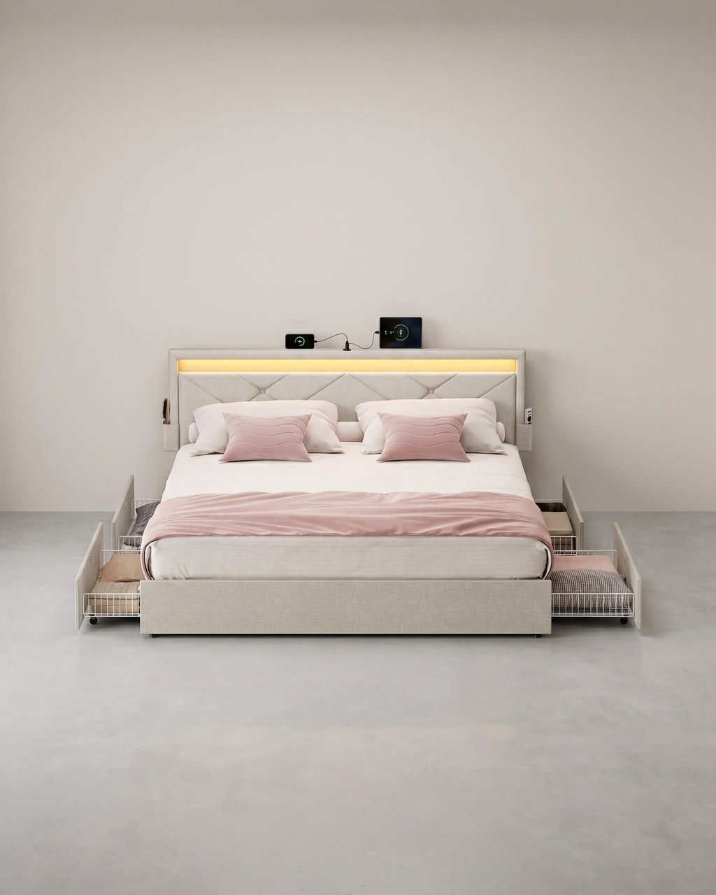 Luxe LED Boxspring Met USB-A & USB-C – Opbergladen – Verstelbaar Hoofdbord – Cappuccinobeige – Stabiel En Functioneel Design