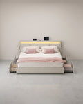 Luxe LED Boxspring Met USB-A & USB-C – Opbergladen – Verstelbaar Hoofdbord – Cappuccinobeige – Stabiel En Functioneel Design