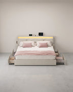 Luxe LED Boxspring Met USB-A & USB-C – Opbergladen – Verstelbaar Hoofdbord – Cappuccinobeige – Stabiel En Functioneel Design