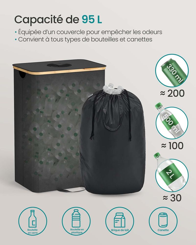 Statiegeldflescontainer – 95L of 135L – Opvouwbare Flessenverzamelaar met Deksel en Ingooi – Met Wasbare Binnenzak en Handgrepen