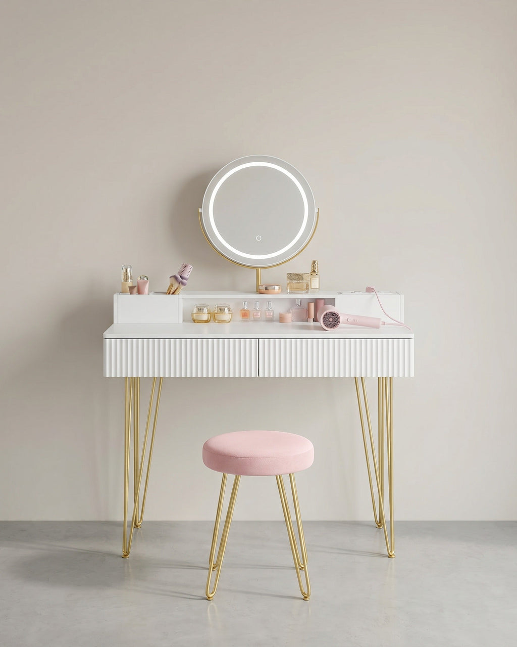 Kaptafel met Kruk - LED Verlichte Spiegel - Luxe Make-up Tafel
