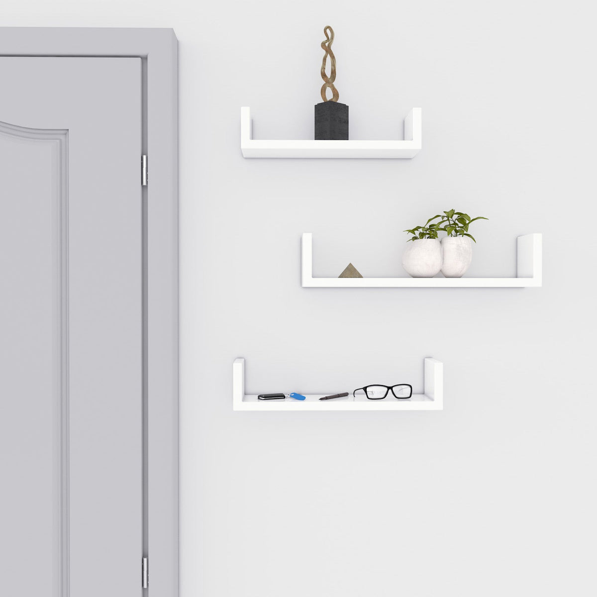 Zwevende Wandplanken Set van 3 – Hoogglans Wit – Wandrek met Onzichtbare Bevestiging voor Woonkamer & Keuken