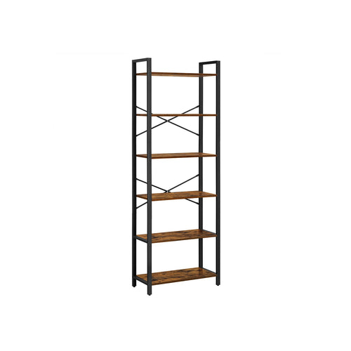 Boekenkast Industrieel 6 Planken – 186 cm Hoog – Bruin/Zwart Stalen Frame – voor Woonkamer & Kantoor