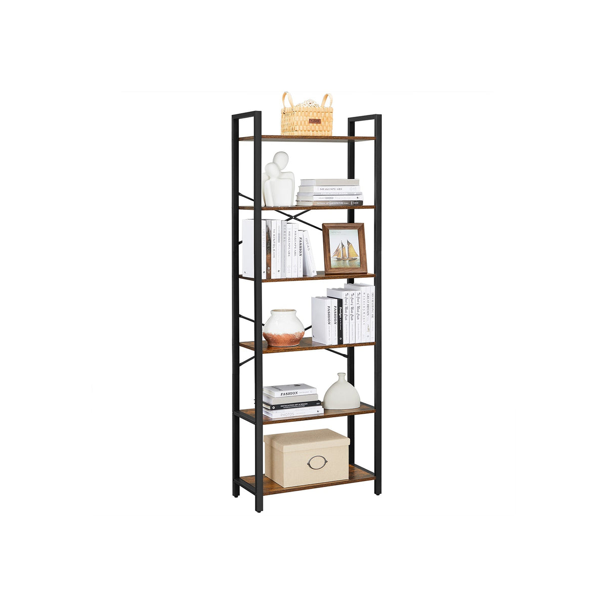 Boekenkast Industrieel 6 Planken – 186 cm Hoog – Bruin/Zwart Stalen Frame – voor Woonkamer & Kantoor