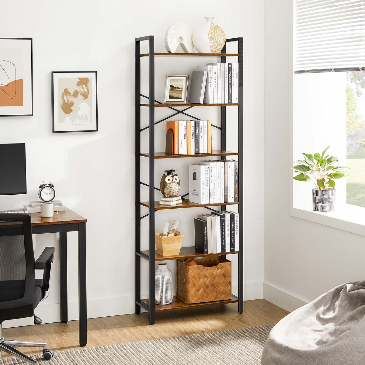 Boekenkast Industrieel 6 Planken – 186 cm Hoog – Bruin/Zwart Stalen Frame – voor Woonkamer & Kantoor