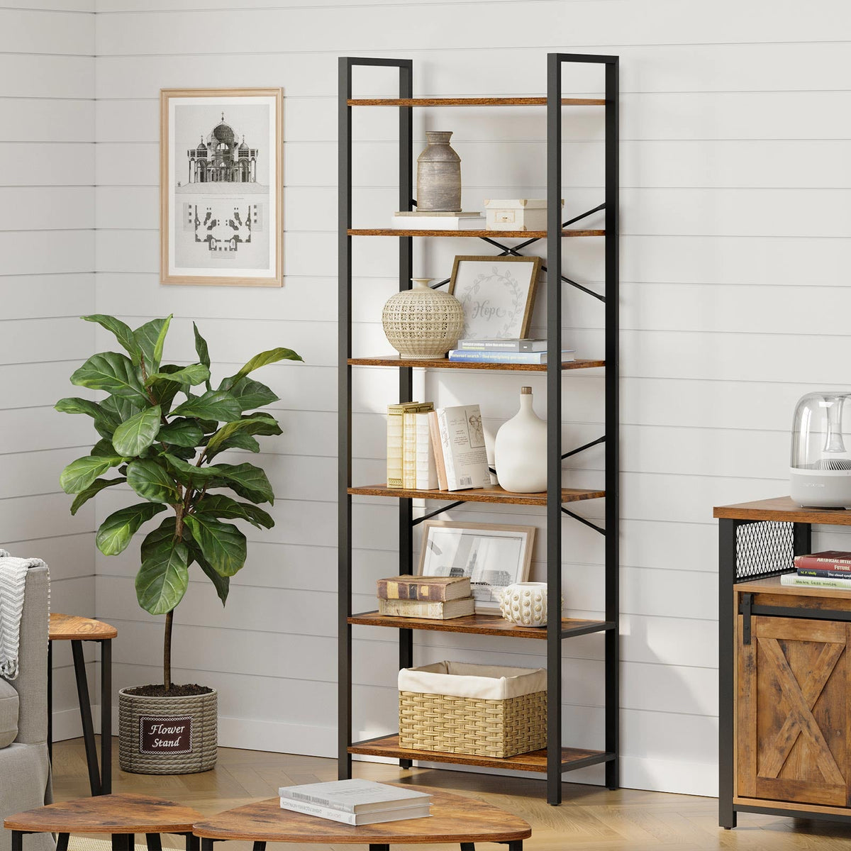 Boekenkast Industrieel 6 Planken – 186 cm Hoog – Bruin/Zwart Stalen Frame – voor Woonkamer & Kantoor
